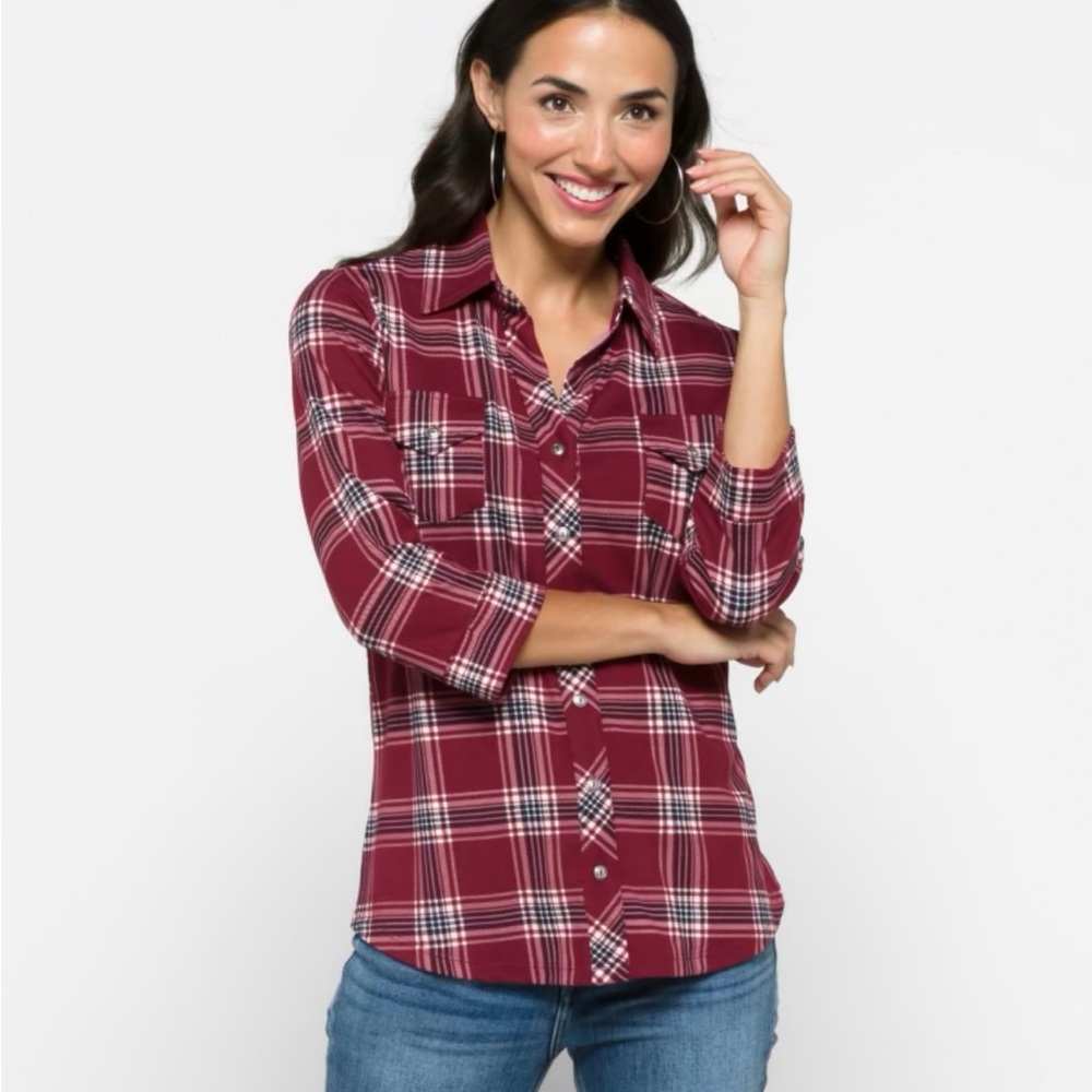 Market & Spruce Perrina Button Down Knit Top Burgundy Plaid Size Medium
